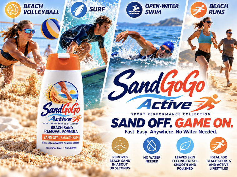 SandGoGo Active, the sport performance collection: the bottle standing in the sand, with beach volleyball, surfing, open-water swimming and beach running across the top and the line &lsquo;Sand off. Game on.&rsquo;
